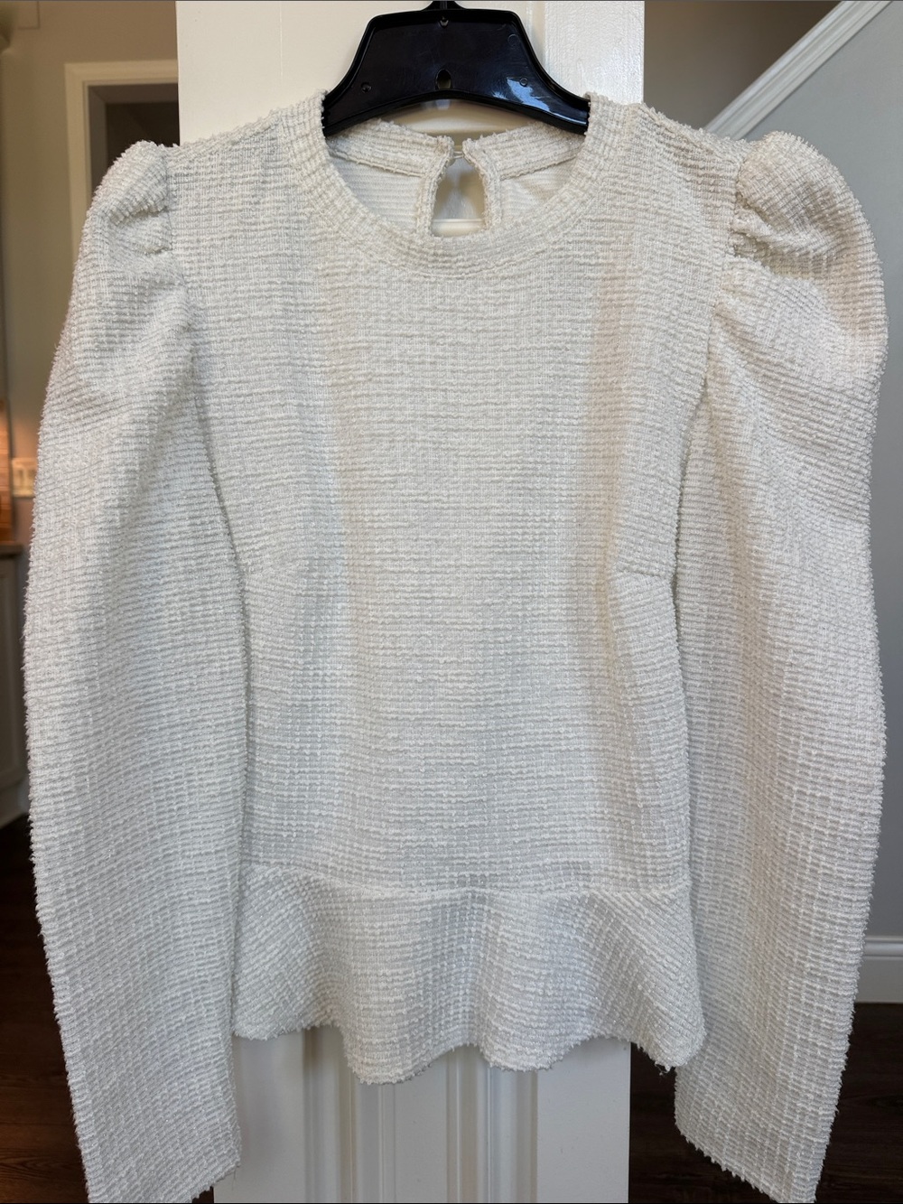 Nine West Like New Cream Textured Puff-Sleeve Knit Peplum Top with Shimmer M